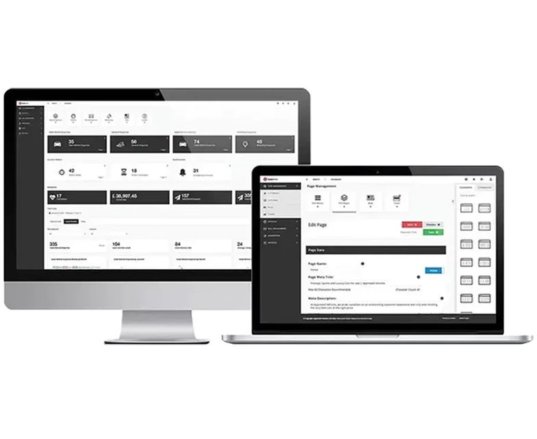 Automotive Dealer Website Builder DealerCMS interface with drag-and-drop sections, hero banner editor and car carousel widgets